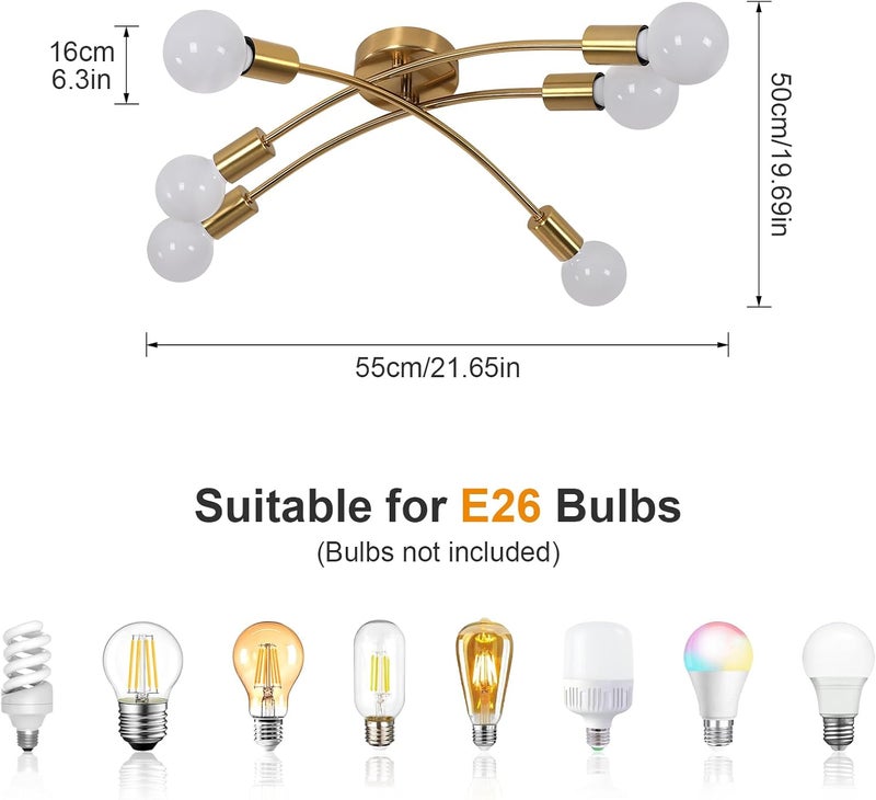Tea Light Gold Sputnik Ceiling Light Fixture, Modern 6-Light Sputnik Chandelier with 350° Rotatable Arms, E26 Bulb Compatible for Living Room, Bedroom, Dining Room - Stylish Home Decor Lighting - Image 2